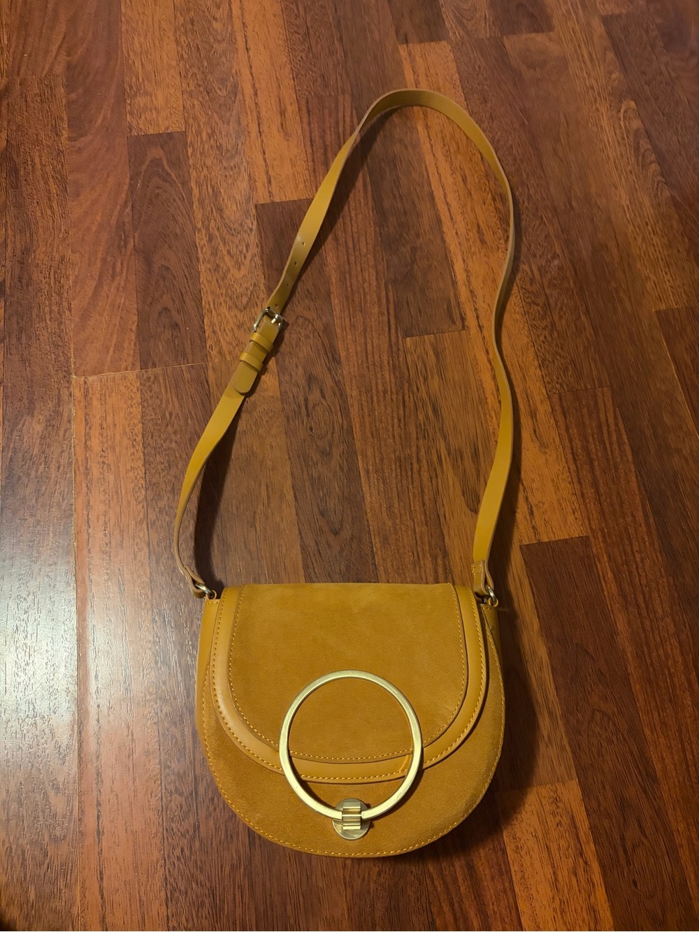 Zara Mustard Suede Crossbody with Gold Ring